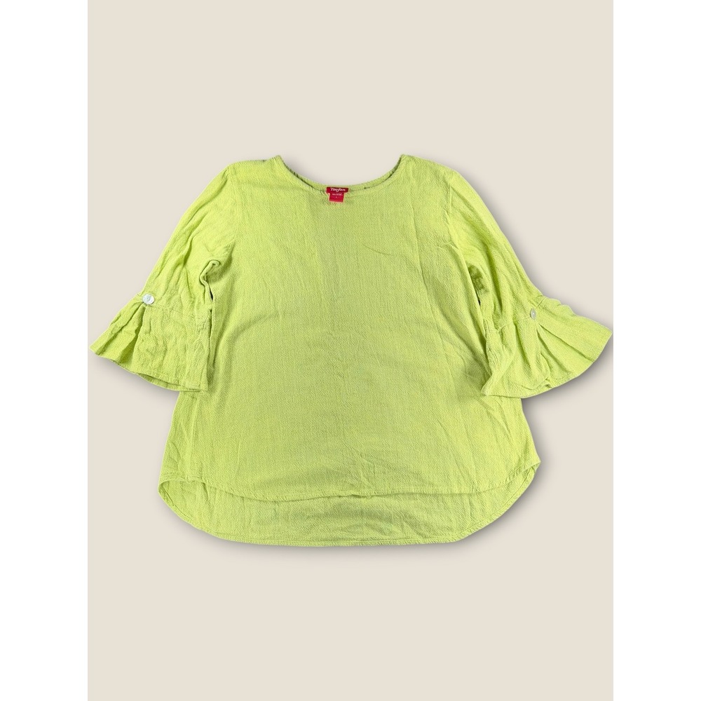 Toofan Lime Green Textured Cotton Bell Sleeve Blouse Top Large High Low Hem